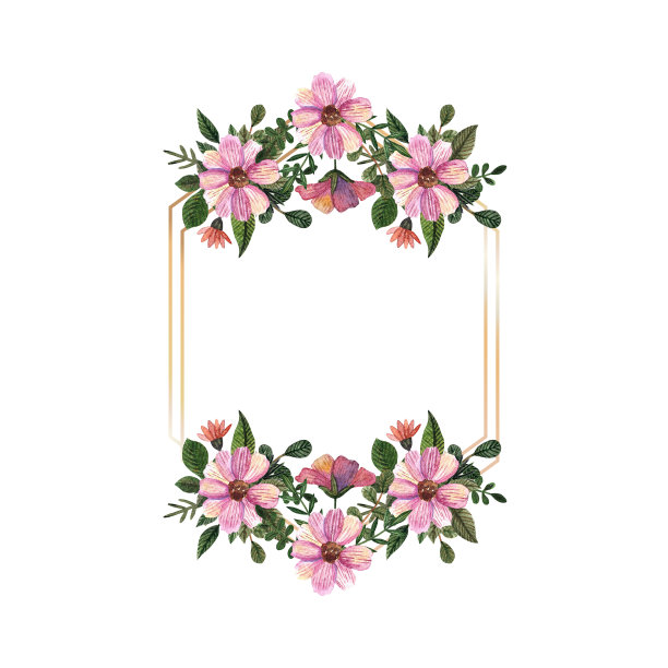 金色框架与水彩压制和干花在白色背景图片下载