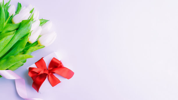母亲节礼物。春天的白美人花，礼物以红丝带平铺白底。情人节，生日，女人或婚礼的概念。图片下载