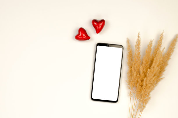 手机模型在米色背景与心和潘帕斯草。图片下载