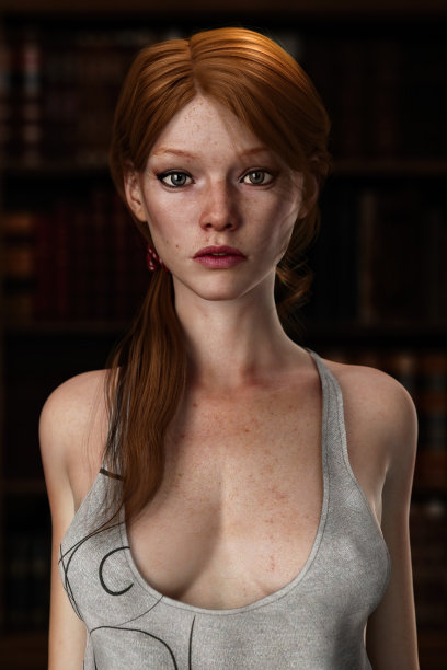 一个美丽的年轻红发女人的肖像穿着背心，站在书柜的背景前。3 d演示。图片下载