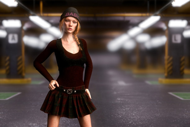 一个可爱的年轻红发女人在肮脏的城市背景前摆姿势的肖像。3 d演示。图片下载