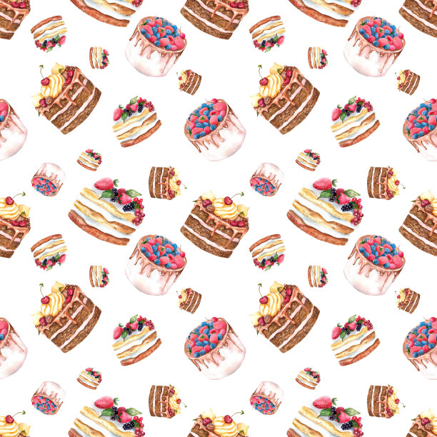 水彩无缝模式。无缝设计与甜点。水彩蛋糕的图案设计。图片下载
