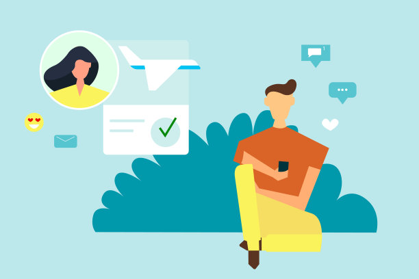 一个年轻人正在和女朋友通信。虚拟关系，社交网络中的熟人。平面风格插图图片下载