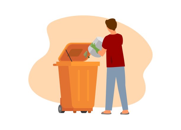把垃圾拖进垃圾桶的人。简单的平面插图图片下载