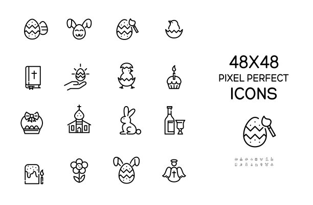 复活节的图标集。鸡蛋，兔子，圣经和教堂。48 x 48像素完美，可编辑的笔画图标图片下载