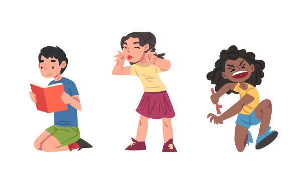 男孩和女孩表现出好的和坏的行为。儿童逗弄和阅读漫画矢量插图书籍图片下载