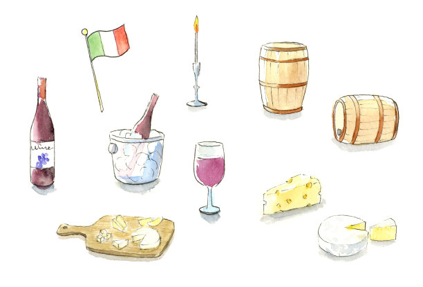 水彩插图集的葡萄酒和奶酪图片下载