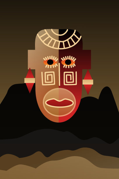 矢量，一个时尚的海报。风格化景观背景上的非洲面具。图片下载