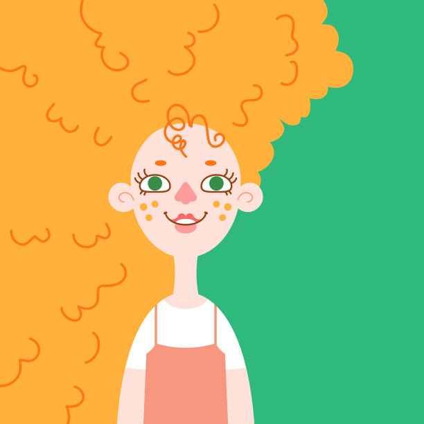 一个红发女孩的肖像，有着华丽的发型。年轻的卡通女人，红卷发。平面风格的矢量插图。图片下载