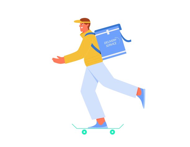 送餐服务的人在滑板上送餐。平面风格的矢量插图图片下载