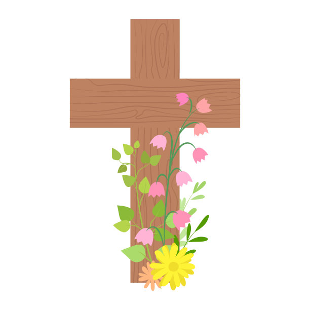 木制十字架，饰有绿色的树枝和花朵图片下载