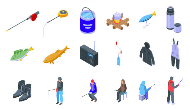 冰钓图标设置等距矢量。冰冻的冬天图片下载