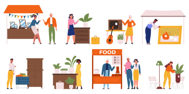 跳蚤市场，车库甩卖或破布市场的人们。人们出售家具，古董商品或植物矢量插图集。二手店场景图片下载