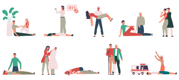 医疗急救，急救程序，救生现场。急救危及健康的紧急情况矢量插图集。心脏按摩和心肺复苏图片下载