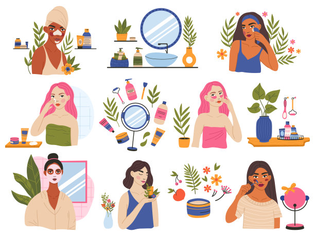 女性美容护肤常规，年轻女性使用洁面乳和润肤乳。女性皮肤护理程序，有机化妆品矢量插图集。美程图片下载