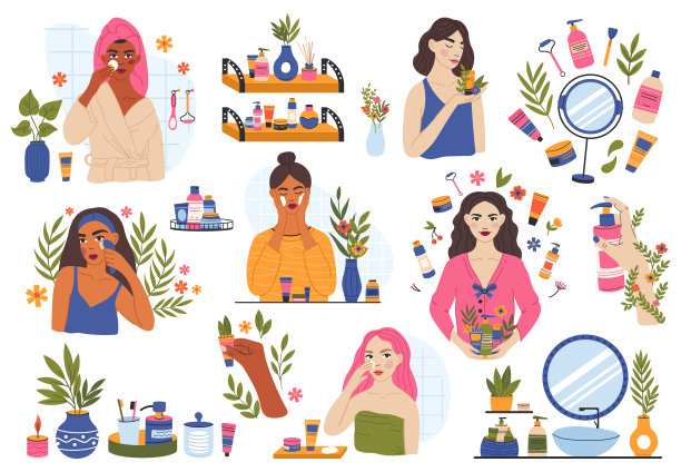 护肤常规，女性使用有机美容化妆品。女性自我护理常规，清洁和保湿向量插图集。女性美过程图片下载
