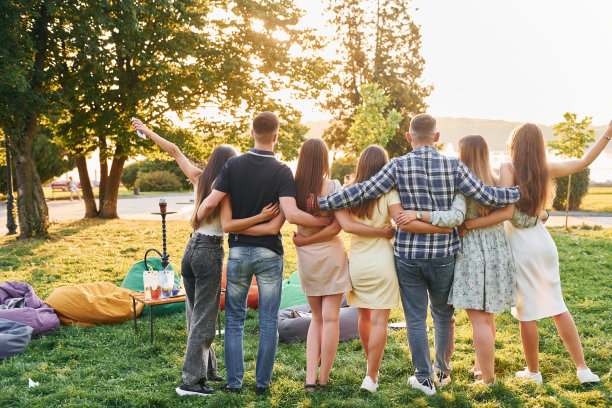 视图从后面。一群年轻人在夏天的白天在公园里聚会图片下载