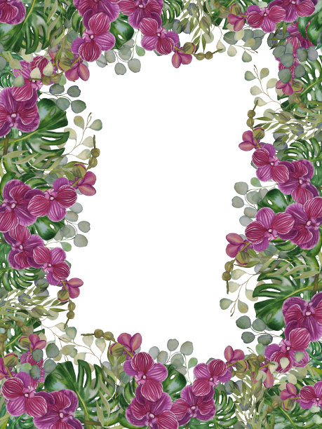 在兰花花的热带植物的水彩叶子的手绘框架。绿色植物的背景。用于名片、请柬、婚礼设计、明信片、纺织品、网站、社交媒体图片下载