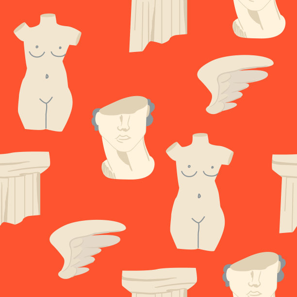 神秘的，古希腊无缝图案在红色的背景上。仿古大理石雕像的女人，圆柱，男人的头和丘比特的翅膀。矢量插图。现代风格的古代雕像。图片下载