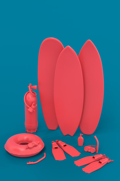 色彩鲜艳的手提箱或行李与海滩配件在蓝色的背景。图片下载