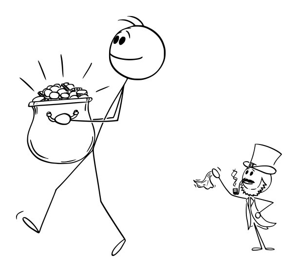 人持有黄金宝藏从爱尔兰小妖精，矢量卡通棍子图插图图片下载