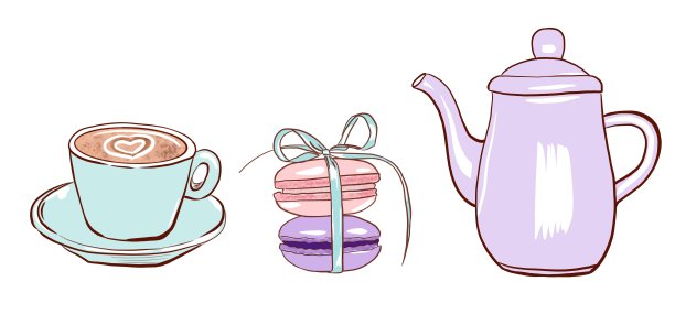 早餐设置说明。咖啡杯、马卡龙和咖啡壶手绘设计元素孤立图片下载
