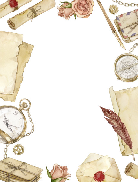 水彩长方形框架与字母，怀表，指南针，玫瑰，旧纸和卷轴孤立在一个白色。图片下载