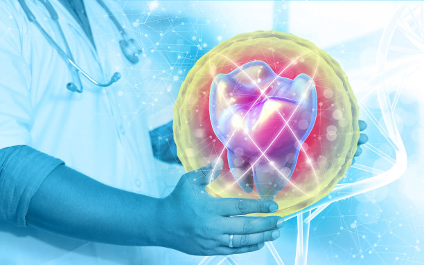 医生的手显示了一颗牙齿的医学背景。牙齿保健的概念图片下载