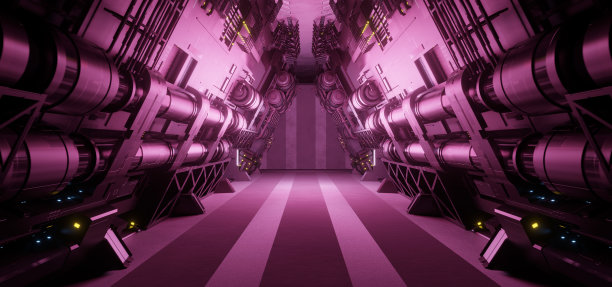 霓虹灯未来空间背景室内金属网走廊前卫的粉红色颜色抽象背景壁纸超现实的未来图片下载