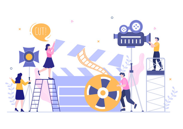 电影制片厂与摄制组团队人员，导演，灯光，麦克风在现场拍摄位置，在平面设计背景插图制作电影图片下载