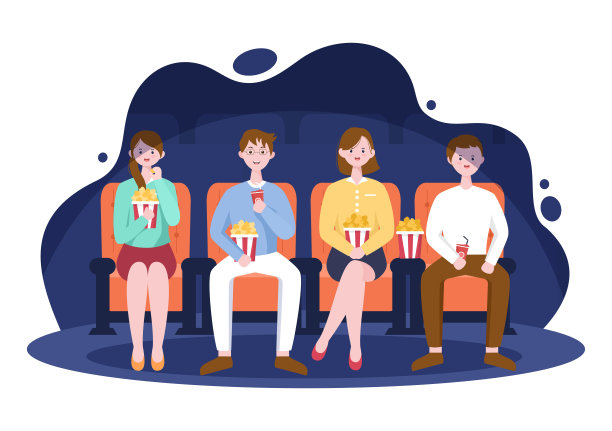 晚上电影院电影首映屏幕与朋友一起坐在红椅子上看电影在平面设计背景插图图片下载
