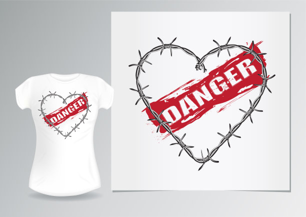 一颗由带刺的铁丝做成的心和一个红色的grunge风格的“危险”字样。印在t恤、海报、卡片和封面上。女装设计模板图片下载
