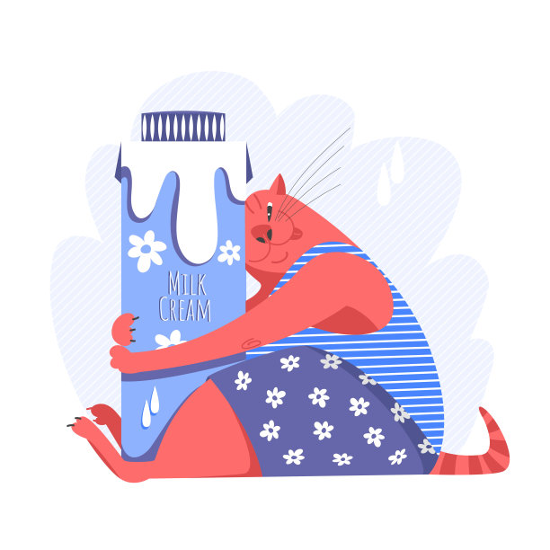 牛奶奶油。矢量图像的猫和一袋奶油。有趣的插图图片下载