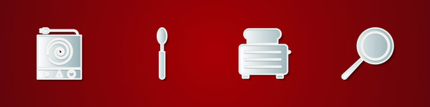 设置电炉，勺子，烤面包机和煎锅图标。向量图片下载