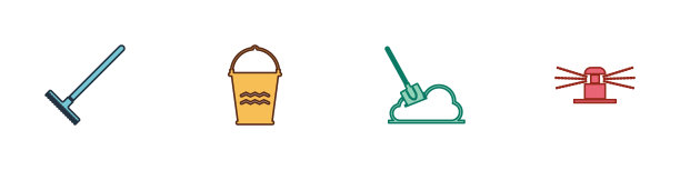 设置花园耙子，铲斗，铲子在地上和自动灌溉洒水器图标。向量图片下载