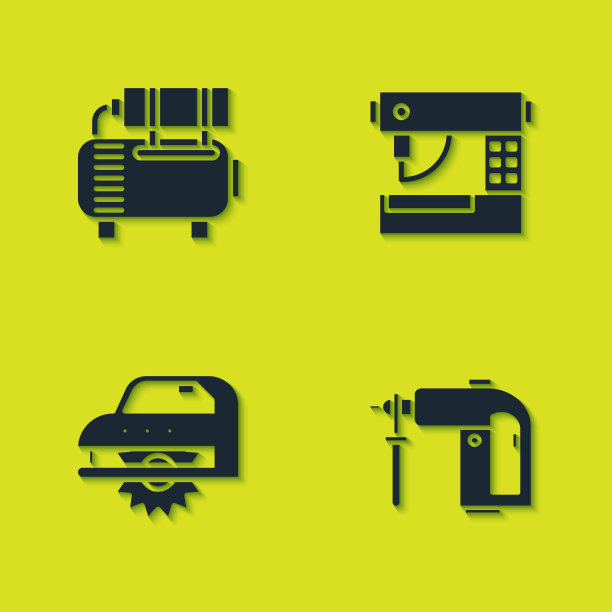 设置空压机、旋转锤钻、电锯、线形图标。向量图片下载