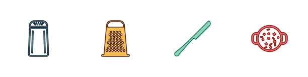 设置盐和胡椒，磨砂器，刀和煮汤在锅图标。向量图片下载