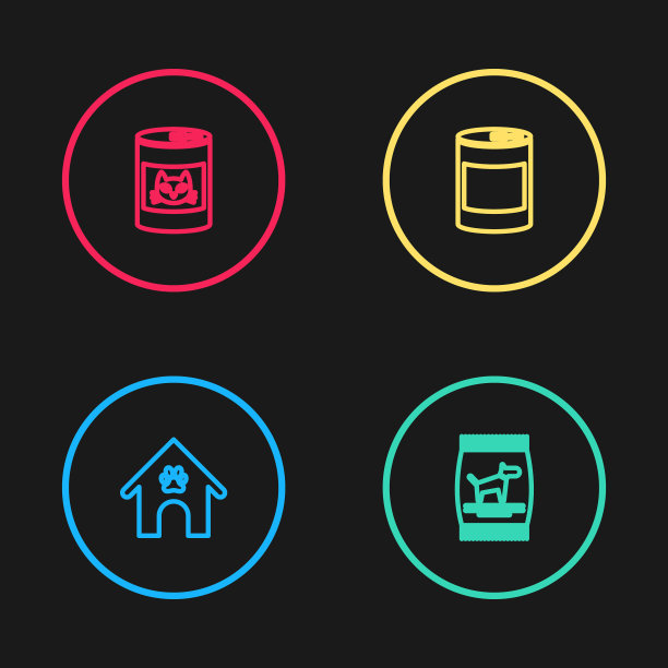 集狗屋和爪印宠物，狗粮袋，罐头和猫图标。向量图片下载