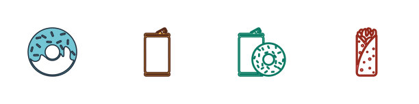 设置甜甜圈，铝罐，苏打水和甜甜圈和玉米煎饼图标。向量图片下载