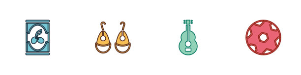 设置橄榄在罐头，耳环，西班牙吉他和足球图标。向量图片下载