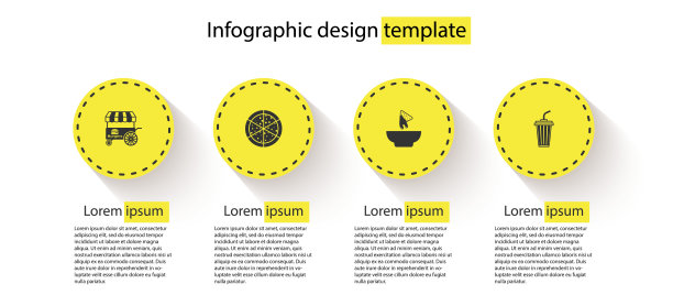 设置快速街头食品车，披萨，玉米片在盘子和玻璃与水。业务信息模板。向量图片下载