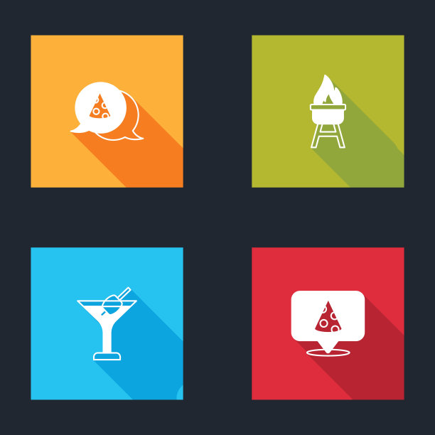 设置披萨片，烧烤烧烤，马提尼杯和图标。向量图片下载