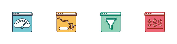 设置数字速度计，财务增长下降，浏览器窗口和网上购物屏幕图标。向量图片下载