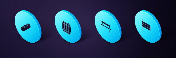 设置等距的德国国旗、长凳、木桶和法国法棍面包图标。向量图片下载