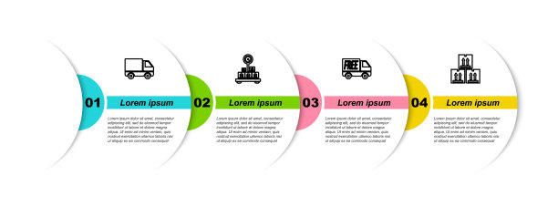 设有送货货车、标配纸板箱、免费送货服务和纸板箱运输。业务信息模板。向量图片下载