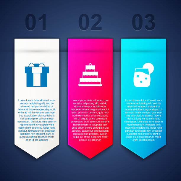 套装礼盒，蛋糕与燃烧的蜡烛和鸡尾酒。业务信息模板。向量图片下载