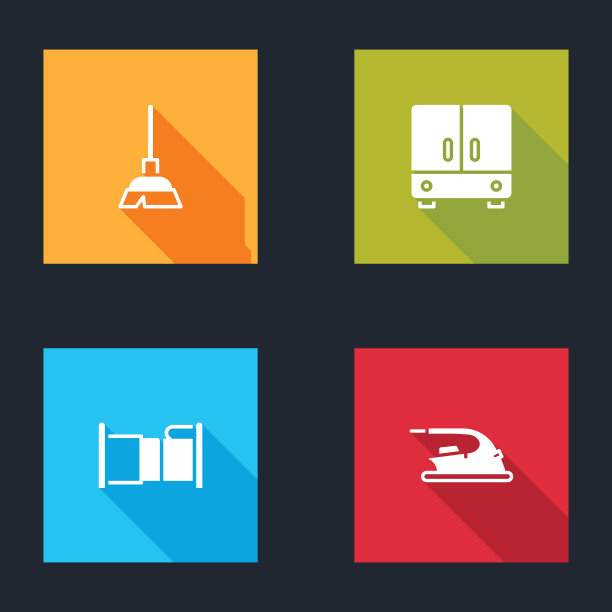 设置把手扫帚，衣柜，床和电熨斗图标。向量图片下载