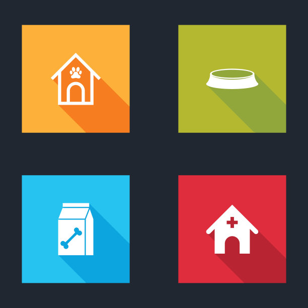 集狗屋和爪印宠物，宠物食品碗，袋为和兽医医院的图标。向量图片下载