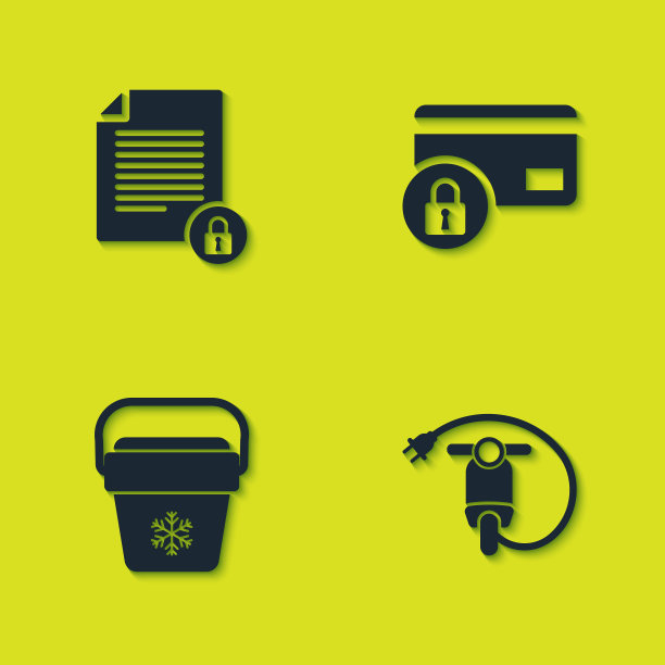 设置文件和锁，电动滑板车，冷却器袋和信用卡图标。向量图片下载