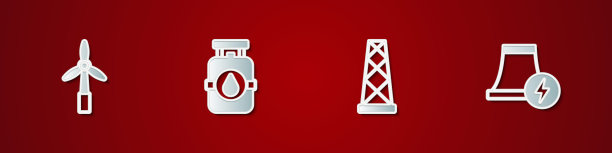 设置风力涡轮机，丙烷气罐，天线和核电站图标。向量图片下载